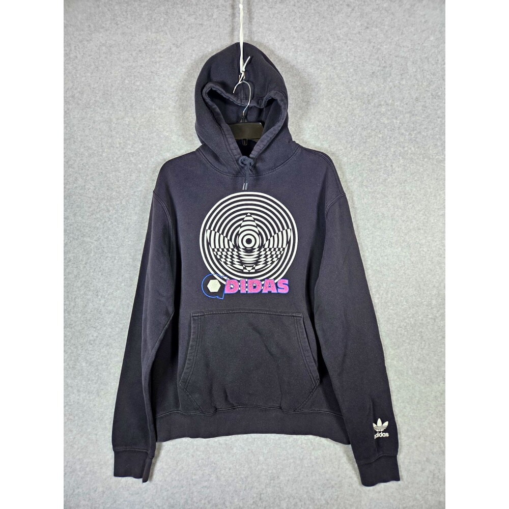 Adidas Originals Hoodie Mens Large Black Graphic Pullover Trefoil Optical Spiral